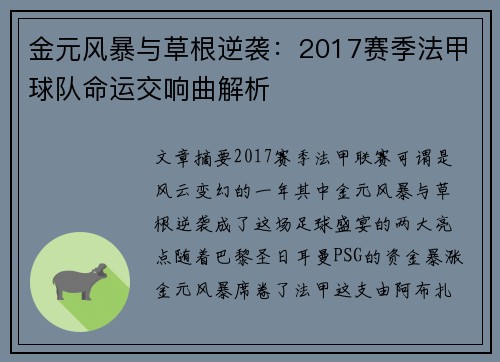 金元风暴与草根逆袭：2017赛季法甲球队命运交响曲解析
