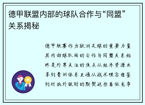 德甲联盟内部的球队合作与“同盟”关系揭秘