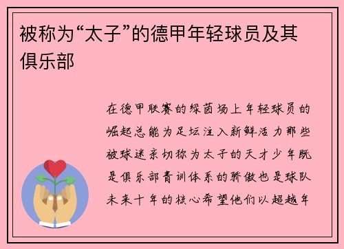 被称为“太子”的德甲年轻球员及其俱乐部